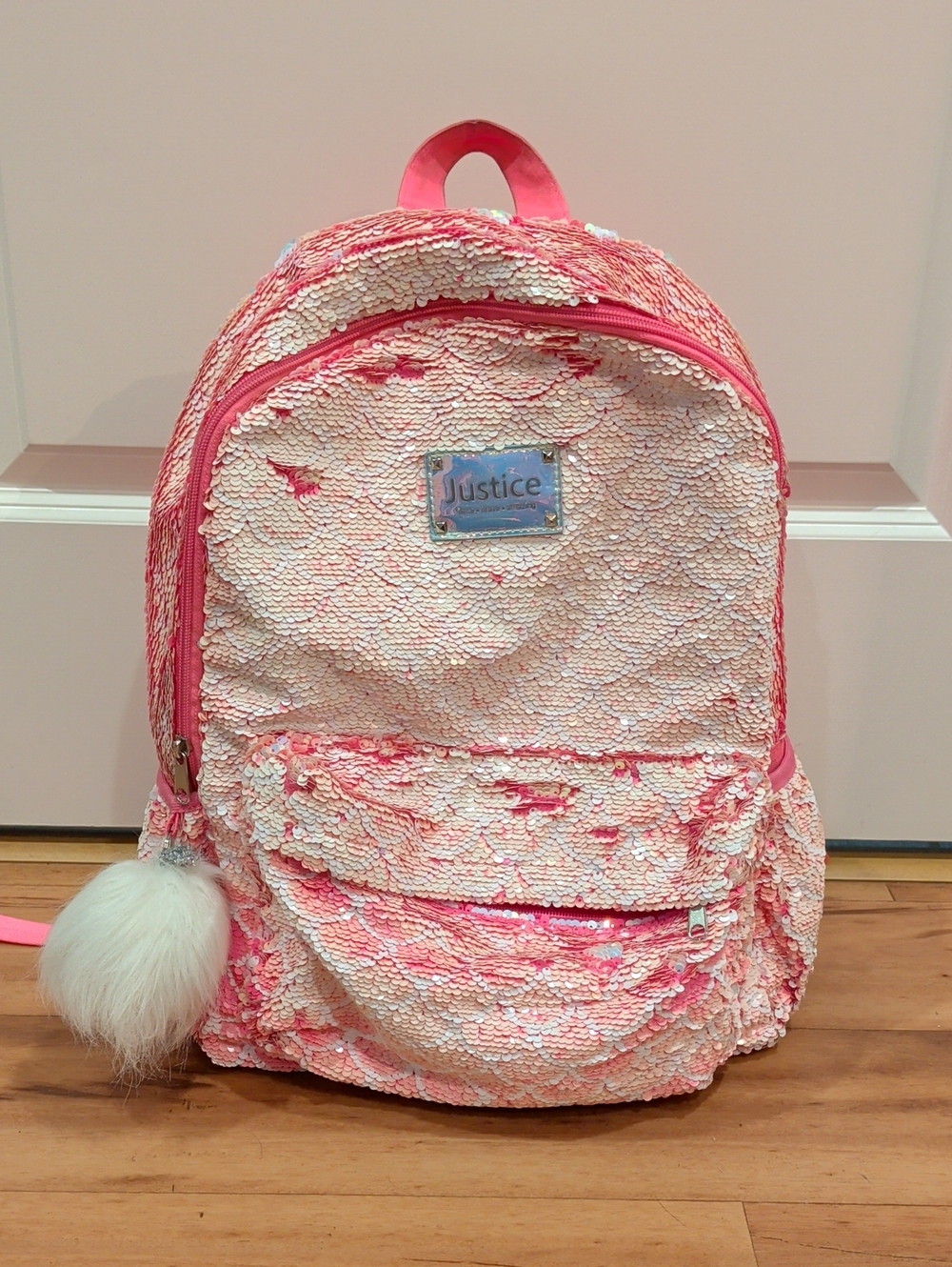 Justice Girls Mermeid Sequin (Reversible)Hot pink And White  Backpack With Puff
